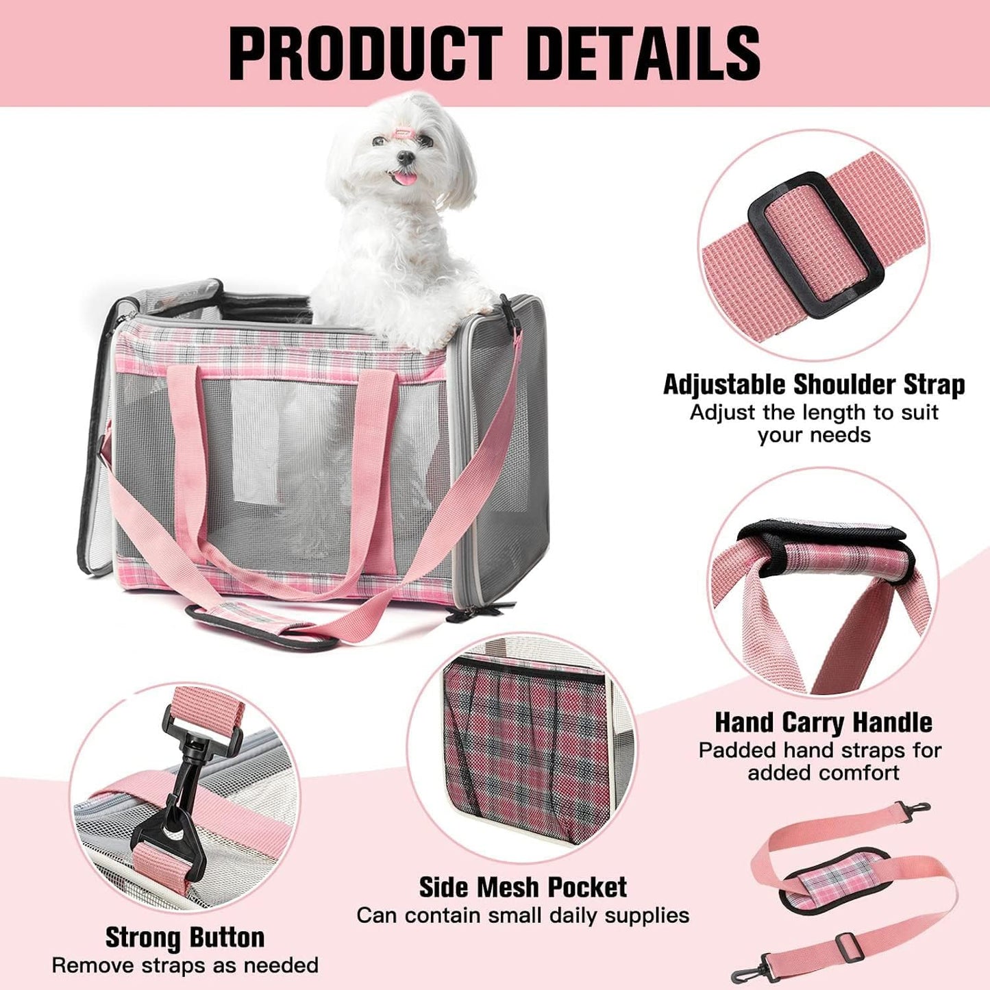EXPAWLORER Large Cat Carrier Dog Carriers Soft for Small Medium Cats Puppies Up to 20lbs, Airline Approved Pet Carrier Soft-Sided Collapsible Pet Travel Carrier Fit 2 Kitties (Pink)