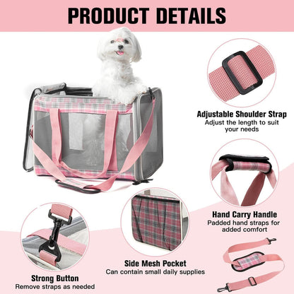 EXPAWLORER Large Cat Carrier Dog Carriers Soft for Small Medium Cats Puppies Up to 20lbs, Airline Approved Pet Carrier Soft-Sided Collapsible Pet Travel Carrier Fit 2 Kitties (Pink)