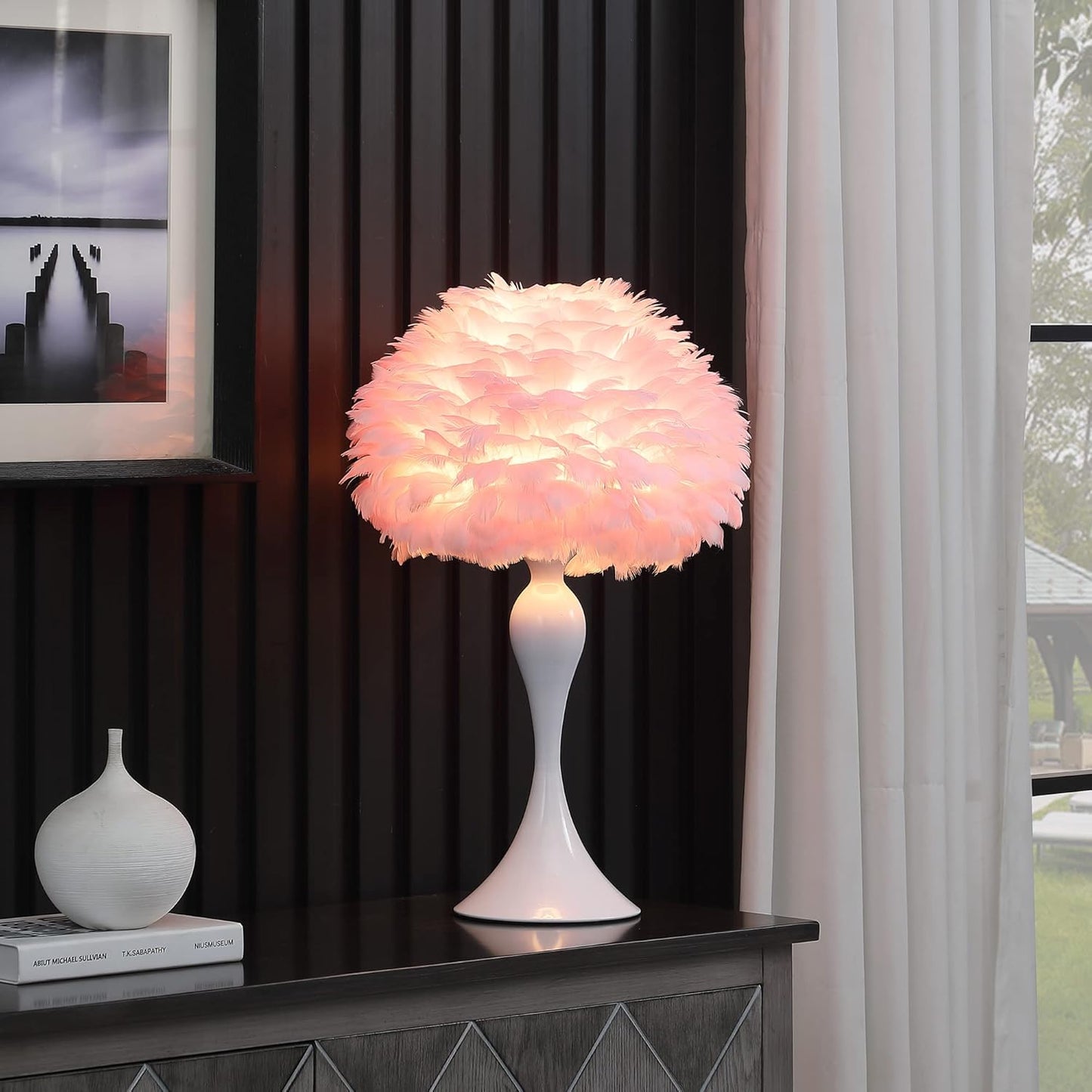 ORE HBL2662 Feather Aquina Crisp White Contour Glam Table Lamp, Soft Pink, 18.25"