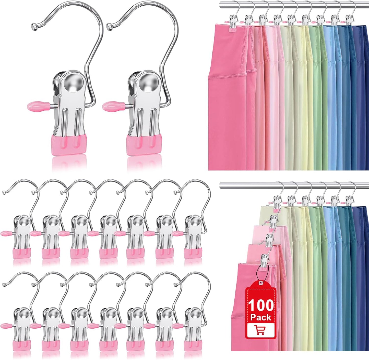 100 Pack Boot Hangers Clips for Closet, Laundry Hooks Hanging Clips Pants Hangers with Clips Legging Organizer Clothes Pins Hanger Clips for Closet Organizer Towel Socks Hats Jeans Home Travel Pink
