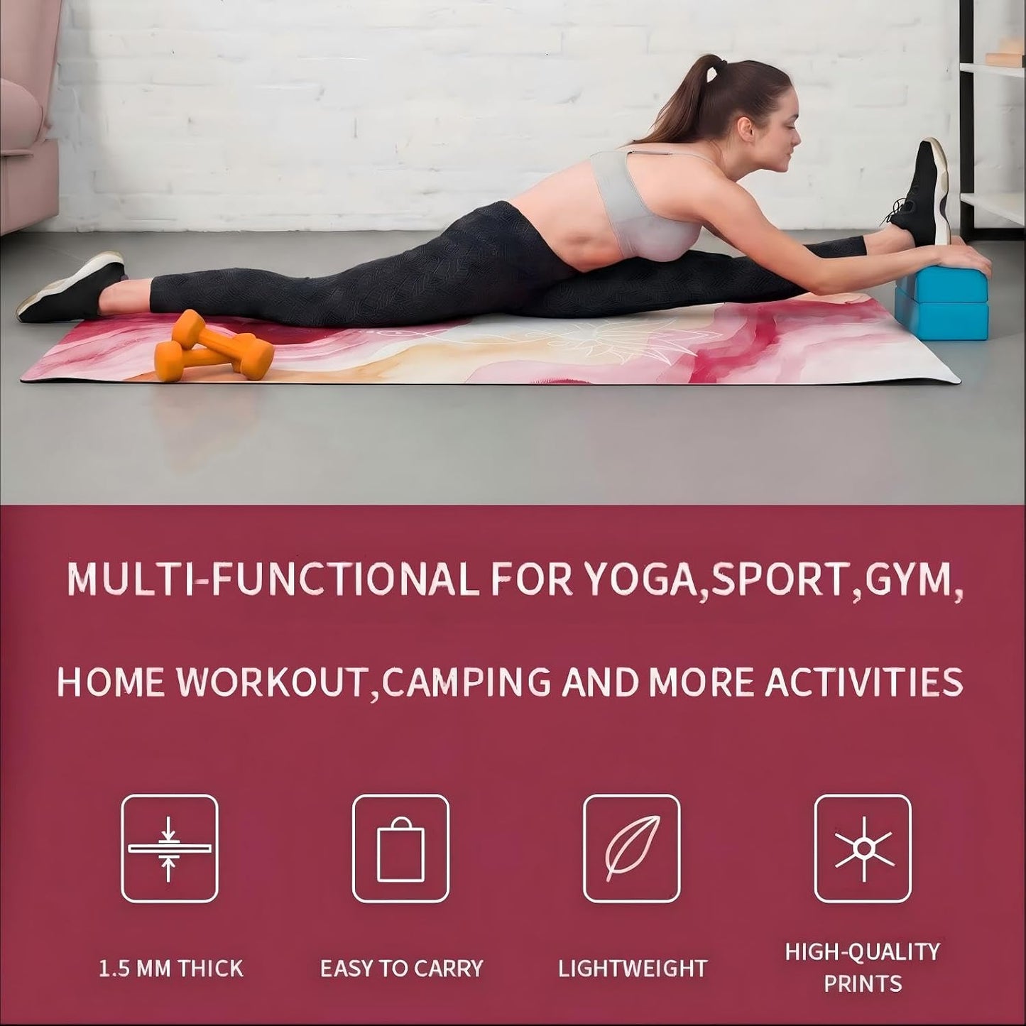 Travel Suede Yoga Mat 1.5mm Thick Non Slip Foldable Lightweigh Sweat Absorbent Exercise Mat for Hot Yoga Pilates Home Gym Outdoor, 72"L x 24"W, 3 lbs