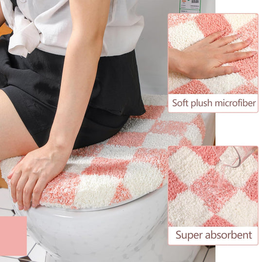 HunnmingRe Pink White Checkered Bathroom Toilet Lid Cover Soft Microfiber Toilet Top Cover 17.5" x 15" Washable Aesthetic Bathroom Decor Fits Most Round, Elongated and Oblong Lids, Machine Washable