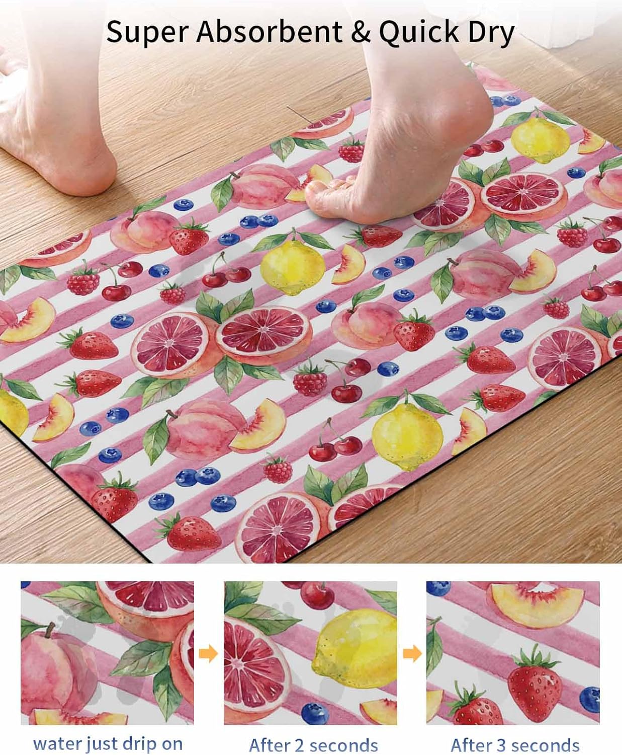 Bathroom Rug Absorbent Bath Rug, Summer Peach Lemon Grapefruit Kitchen Doormat Non-Slip Diatomaceous Earth Bath Mat, Blueberry Strawberry Pink Stripe Quick Dry Shower Mat Bath Rugs 16x24in