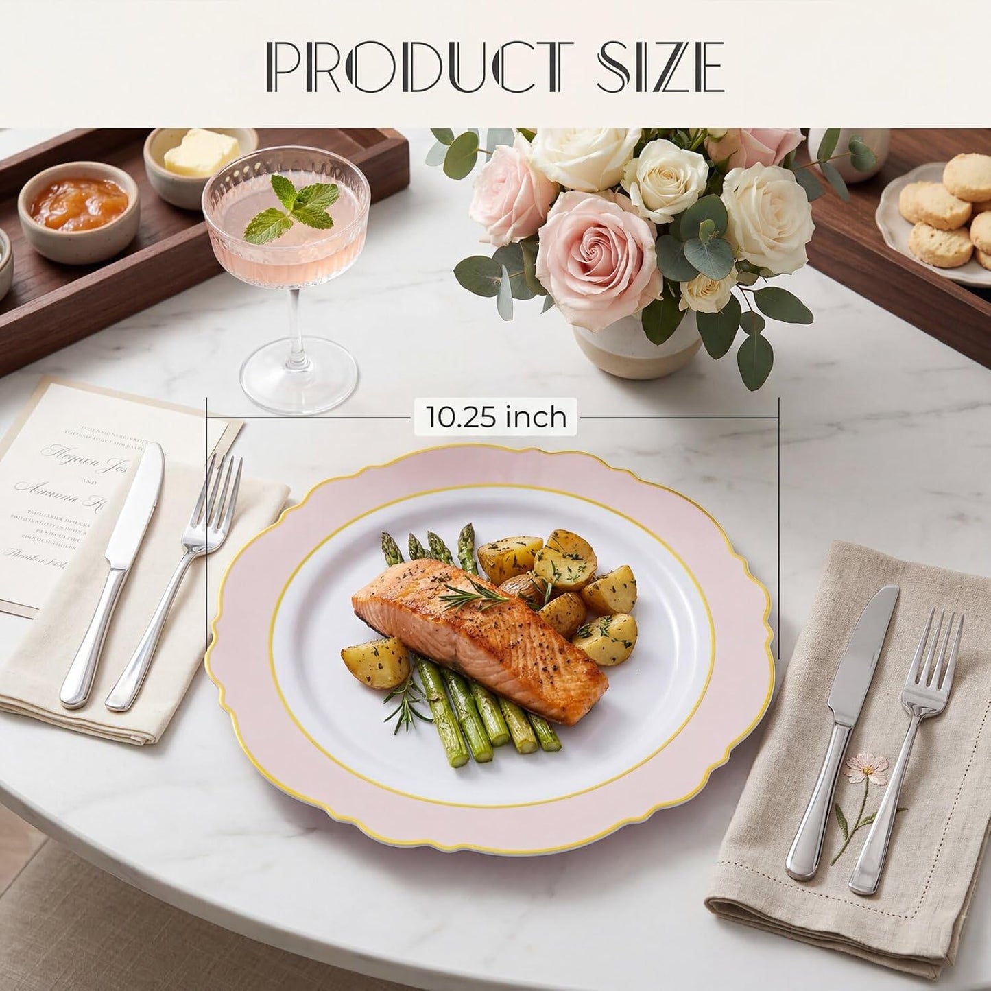 WDF 60pcs Pink Plastic Plates - 10.25inch Baroque Pink And Gold Disposable Dinner Plates for Upscale Parties -Special for Baby Shower/Birthday/Weddings