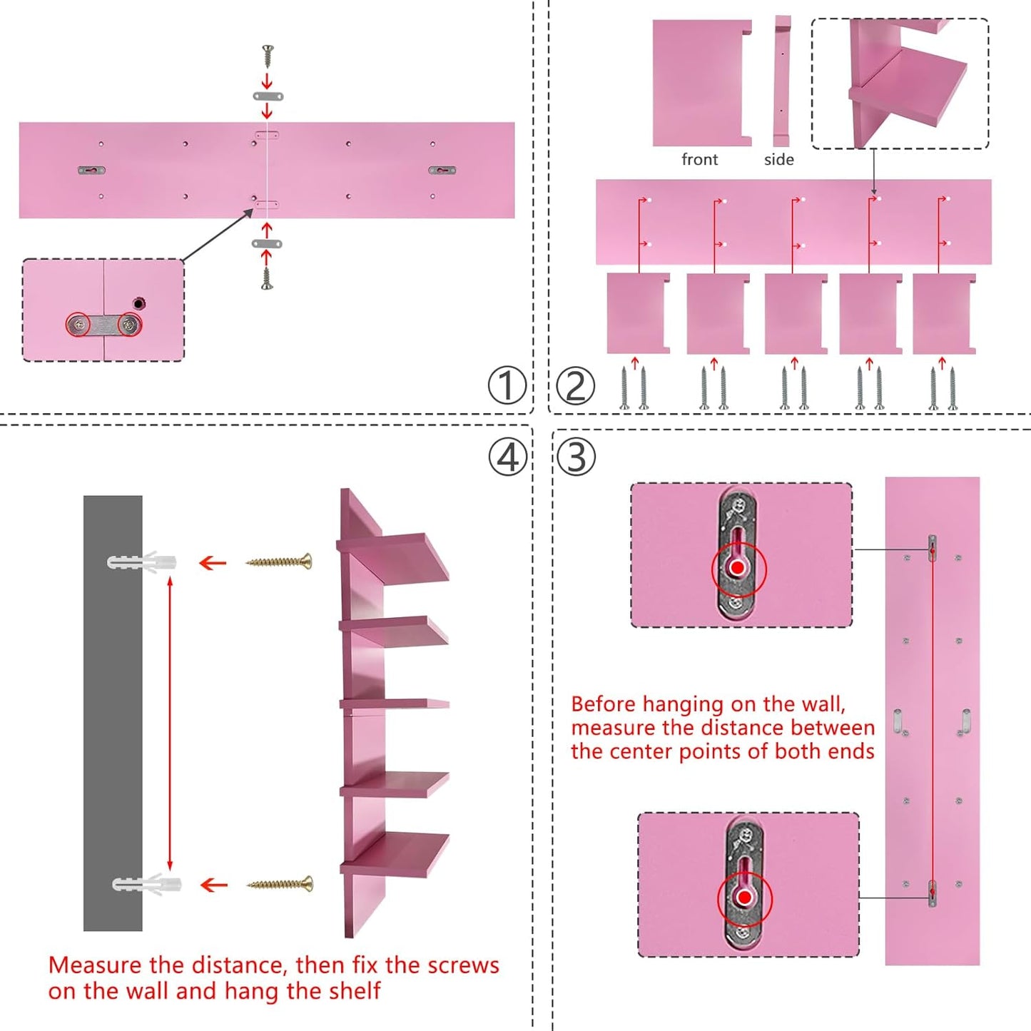 YEXEXINM 5 Tier Wall Shelf Unit - Narrow Smooth Laminate Finish - Vertical Column Wall Decor Mount Floating Storage Home Decor Organizer Tall Tower Utility Shelf for Bedrooms, Living Rooms(Pink)…