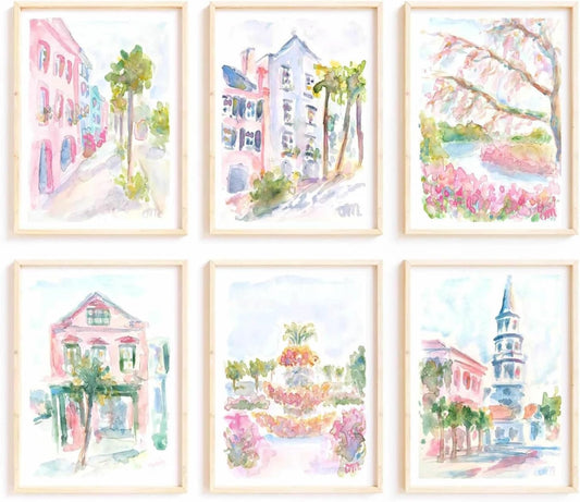 Charleston South Carolina Wall Art Preppy Posters Pictures Pastel Pink Canvas Wall Decor Aesthetic Coquette Posters Wall Art Trendy Watercolor Wall Decor Church Street Pictures 8x10x6 Inch Unframed