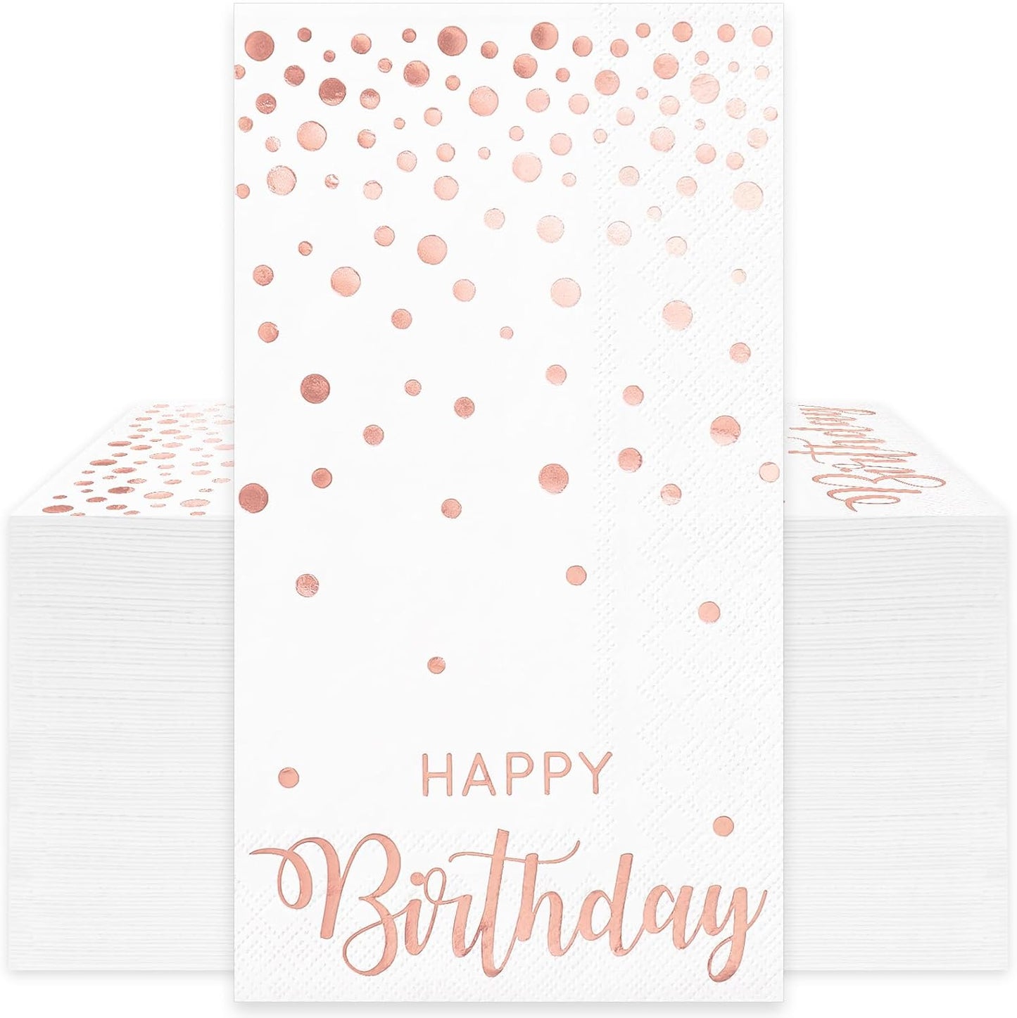 50Pcs Happy Birthday Guest Napkins Rose Gold Foil Dots Birthday Disposable Paper Napkins Dinner Hand Towel for Women Bathroom Party Supplies