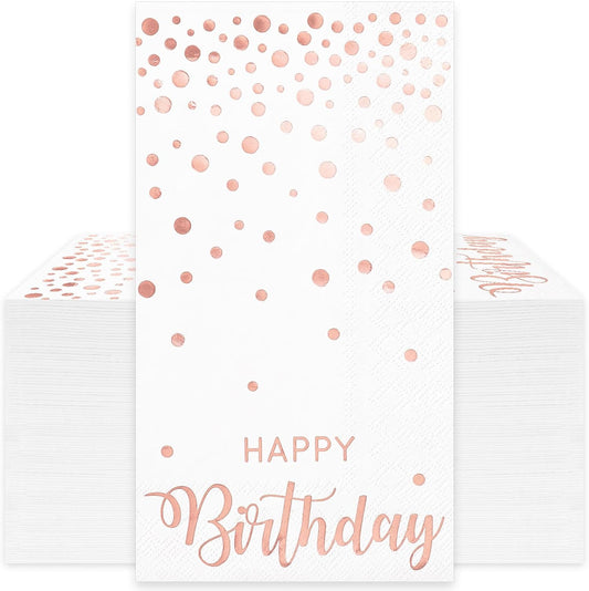 50Pcs Happy Birthday Guest Napkins Rose Gold Foil Dots Birthday Disposable Paper Napkins Dinner Hand Towel for Women Bathroom Party Supplies