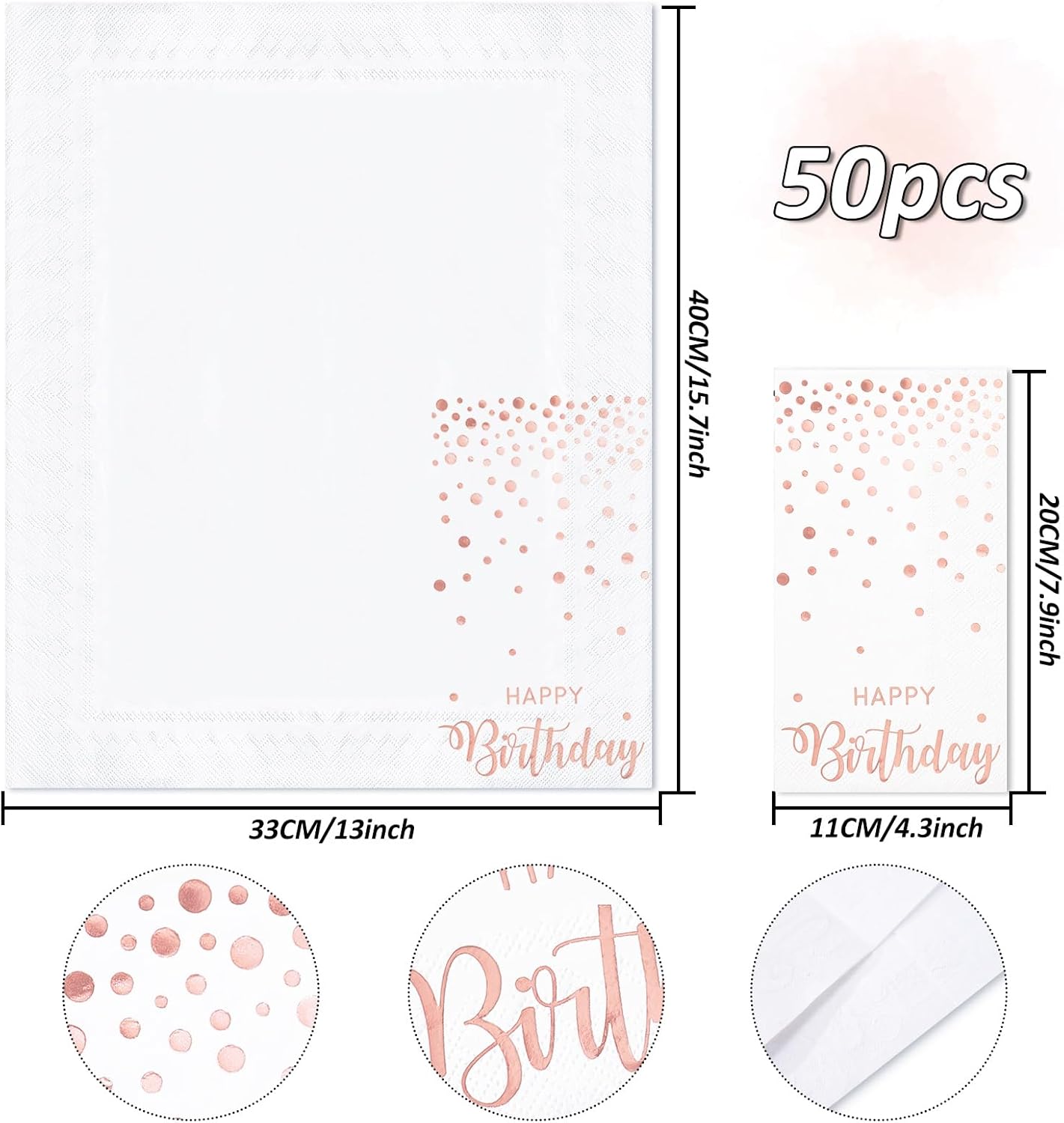50Pcs Happy Birthday Guest Napkins Rose Gold Foil Dots Birthday Disposable Paper Napkins Dinner Hand Towel for Women Bathroom Party Supplies