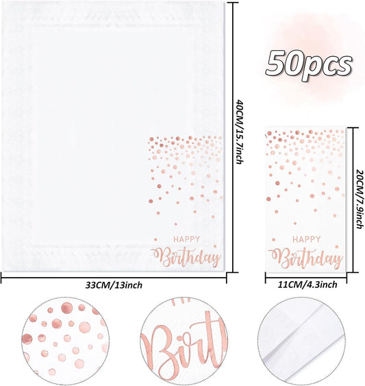 50Pcs Happy Birthday Guest Napkins Rose Gold Foil Dots Birthday Disposable Paper Napkins Dinner Hand Towel for Women Bathroom Party Supplies