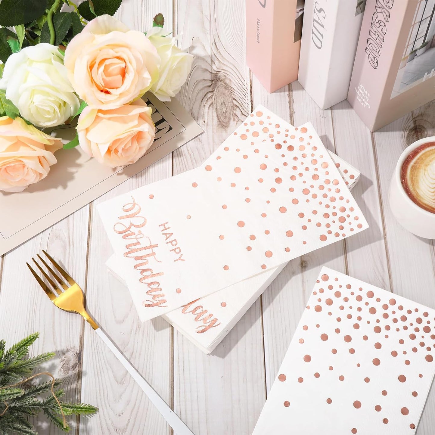 50Pcs Happy Birthday Guest Napkins Rose Gold Foil Dots Birthday Disposable Paper Napkins Dinner Hand Towel for Women Bathroom Party Supplies