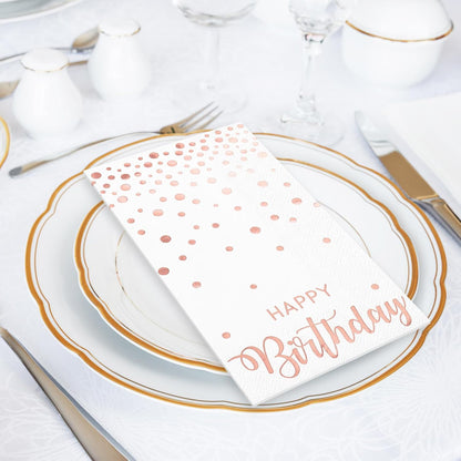 50Pcs Happy Birthday Guest Napkins Rose Gold Foil Dots Birthday Disposable Paper Napkins Dinner Hand Towel for Women Bathroom Party Supplies