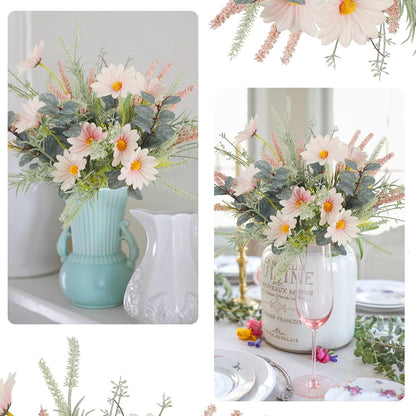2 Bundles Artificial Wildflowers Fake Daisy Flowers Bouquet Silk Flower with Stems Faux Daisies Eucalyptus Pink Floral Arrangement for Table Centerpieces Home Indoor Summer Decoration