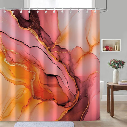 Moonslim Pink Gold Marble Shower Curtains, Orange Grey Abstract Marble Shower Curtain, Modern Fabric Bath Curtain for Bathroom Decor Waterproof Cloth with Hooks 72X72 Inch