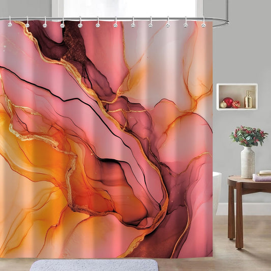 Moonslim Pink Gold Marble Shower Curtains, Orange Grey Abstract Marble Shower Curtain, Modern Fabric Bath Curtain for Bathroom Decor Waterproof Cloth with Hooks 72X72 Inch