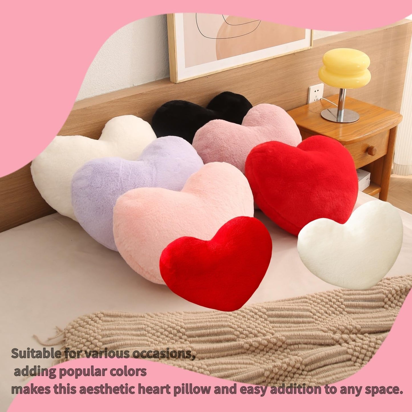 CANGHI 2 Pcs Heart Pillows Pink White Love Heart Shaped Throw Pillows Valentines Wedding Anniversary Faux Rabbit Fluffy Decorative Cushions for Livingroom Bed Sofa Car Couch Home Decor Aesthetic