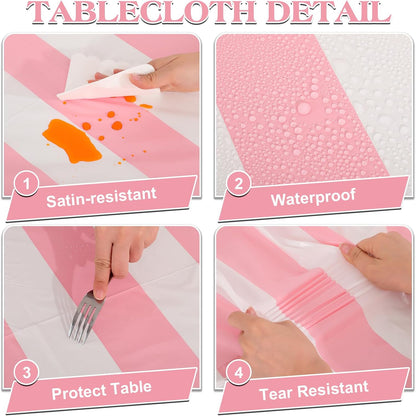 3 Pack Pink Striped Tablecloth, 54 x 108Inch Pink and White Striped Tablecloth Pink Carnival Theme Party Decorations Waterproof Plastic Table Cloth for Birthday Picnic Baby Shower Wedding Halloween
