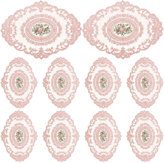10Pcs Lace Doilies for Table Floral Embroidered Lace Placemats Handmade Crochet Doilies 11'' x 16.5'' Exquisite Retro Victorian Table Mat for Wedding Cup Vase Table Decor (Pink)