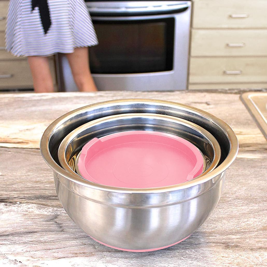 Stainless Steel Mixing Bowls with Lids and Non Slip Bases (Set of 3, Pink)