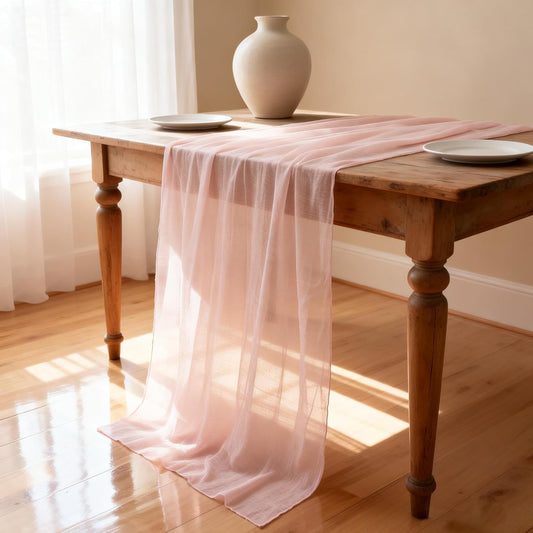 2PCS Light Pink Cheesecloth Table Runner 33x120 Inch 10 FT Rustic Gauze Table Runner for Wedding Birthday Party Baby Bridal Shower Home Decor Holiday Decorations