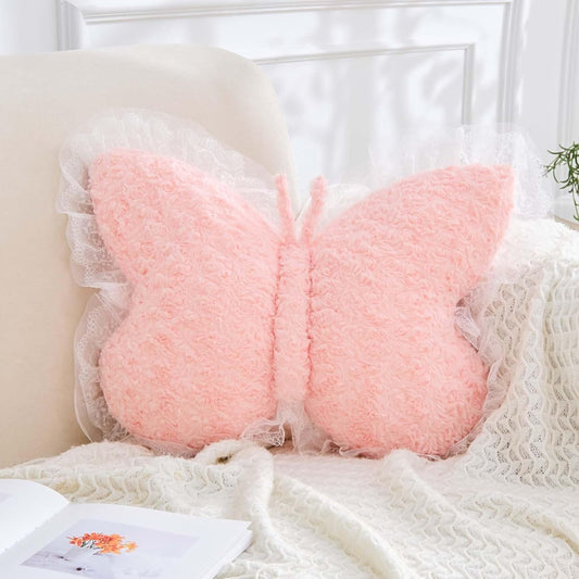 XVTRU Butterfly Pillow Pink Decorative Pillows 15" Butterfly Shaped Cute Throw Pillows with Lace Aesthetic Bow Plush Cushion for Room Decor Bed Sofa Couch