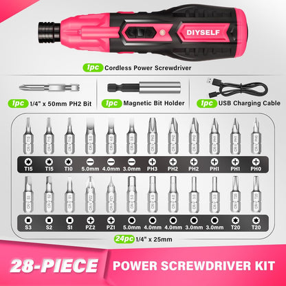 DIYSELF Electric Screwdriver Cordless Rechargeable 3.7V Power Screwdriver with LED, Includes 25 Bits, Magnetic Bit Holder, USB Charging Cable, Carrying, Small Cordless Screwdriver for Men, Women