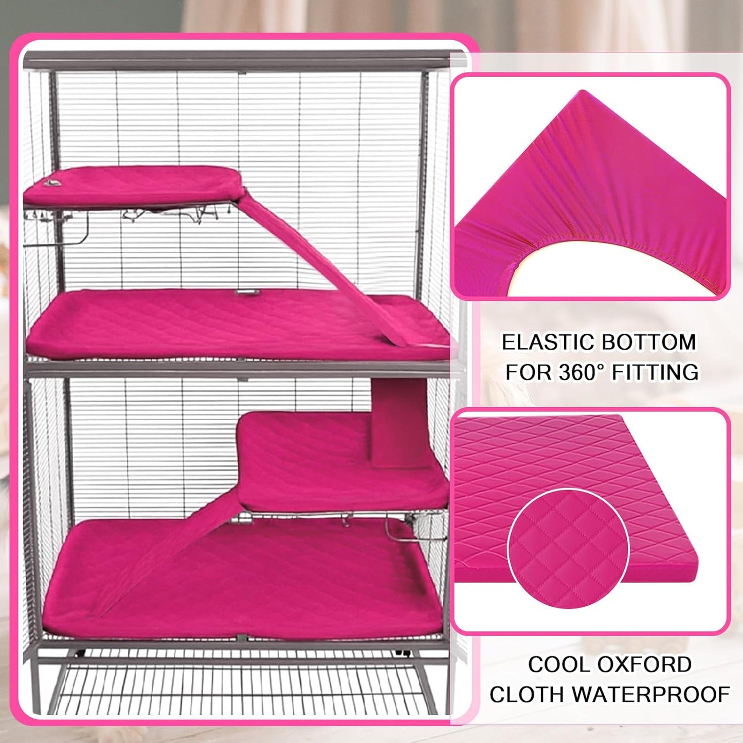 Beeveer 7 Pcs Winter Ferret Cage Liner Set Washable Ferret Pads Bedding Cage Accessories for Small Animals Hamster Rats Chinchillas Hedgehogs Guinea, Stain-Resistant Material(Light Pink)