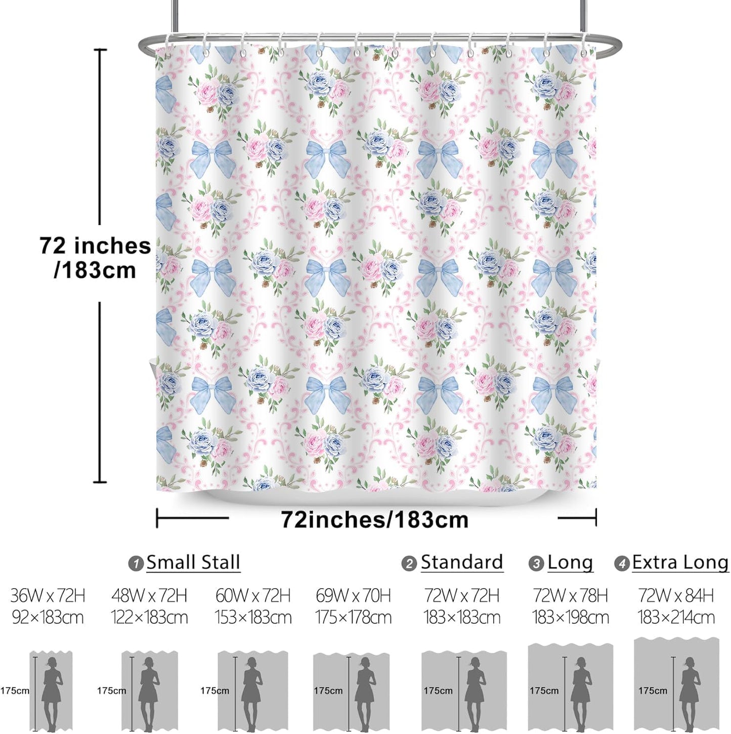 Coquette Blue Bow Shower Curtain Preppy Pink and Blue Floral Plaid Bowknot Shower Curtains for Bathroom Decor 72x72Inch Polyester Cute Teen Girls Girly Bath Curtain Set with 12 Hooks