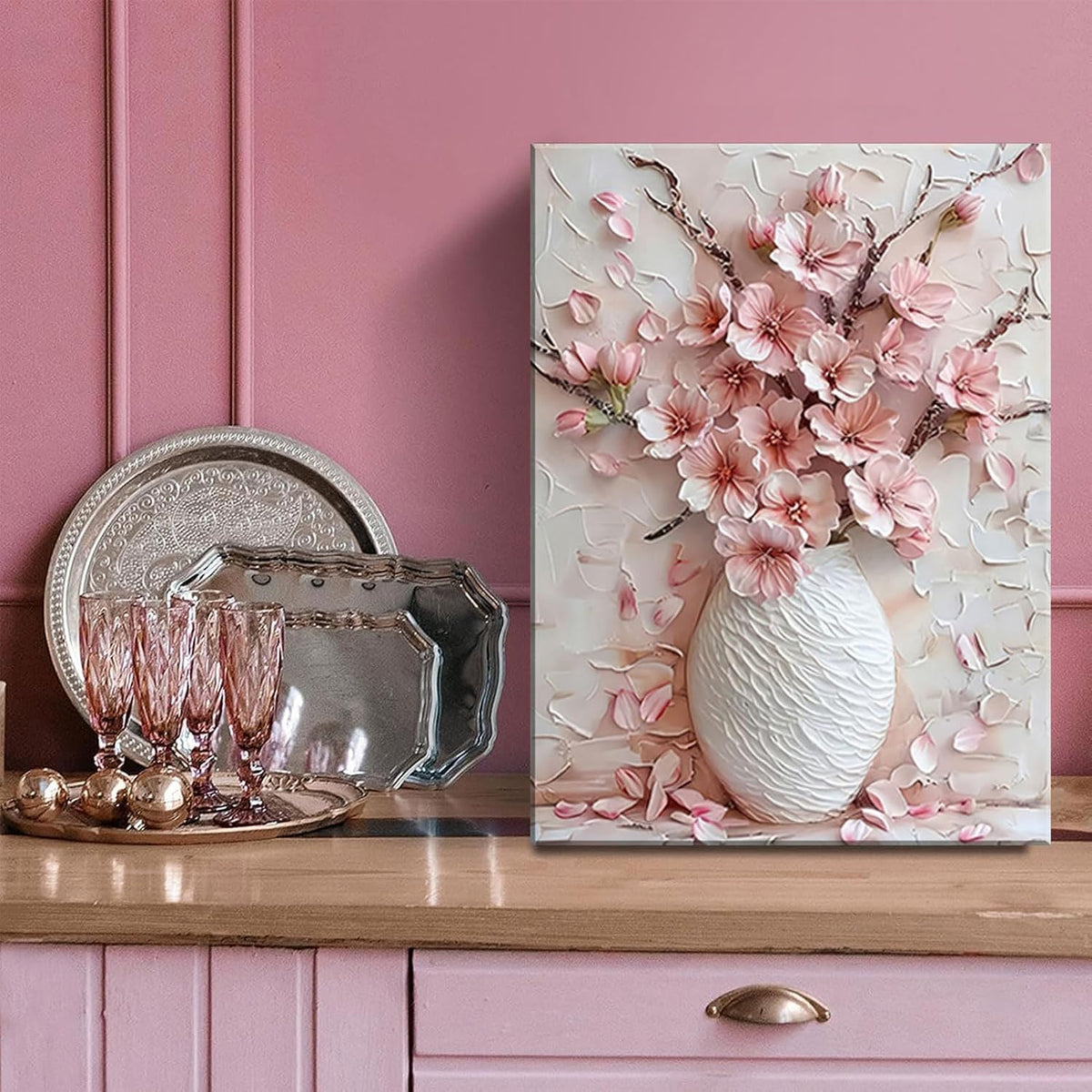 Pink Floral Canvas Wall Art sakura Flowers Botanical painting Decor Pictures Cherry blossoms Posters Prints for Living Room Classroom Bedroom office corridor bathroom Decoration