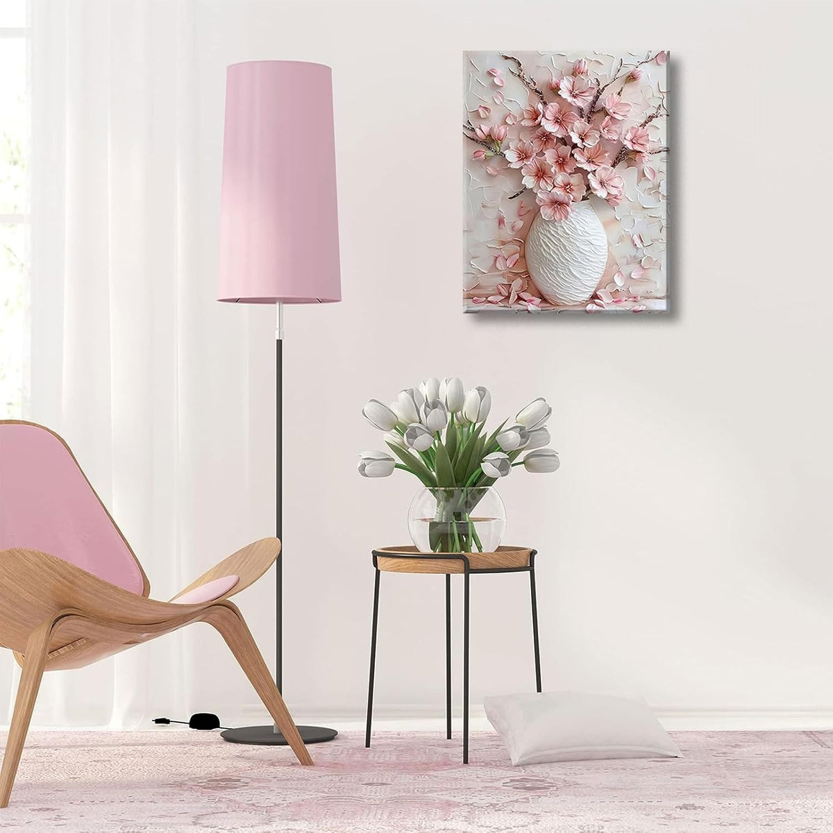 Pink Floral Canvas Wall Art sakura Flowers Botanical painting Decor Pictures Cherry blossoms Posters Prints for Living Room Classroom Bedroom office corridor bathroom Decoration