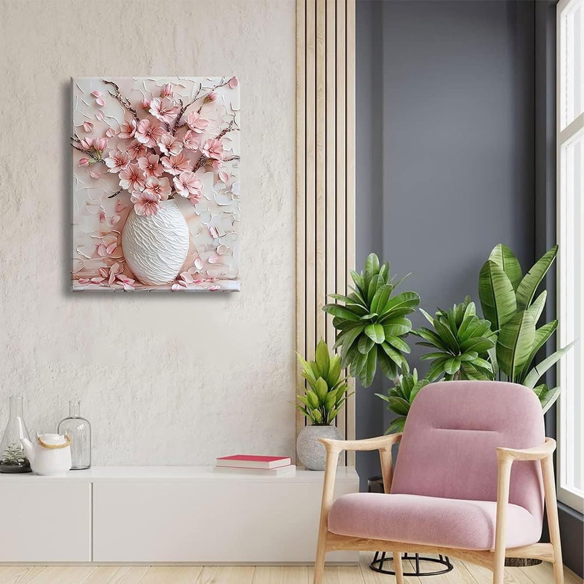 Pink Floral Canvas Wall Art sakura Flowers Botanical painting Decor Pictures Cherry blossoms Posters Prints for Living Room Classroom Bedroom office corridor bathroom Decoration