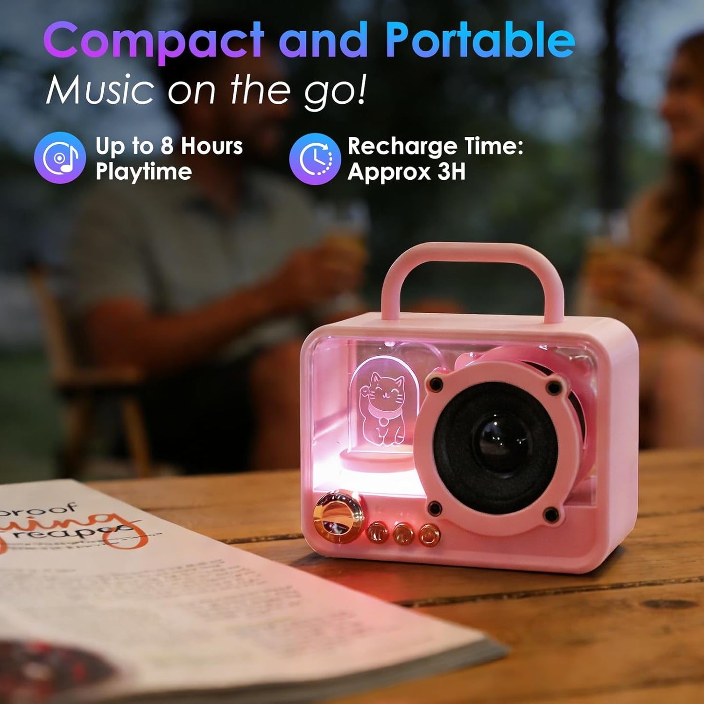 Cute Bluetooth Speaker with RGB Lights, Small Portable Wireless Speaker with Stereo Sound & Punchy Bass, Mini Gift for Kitchen Desk Bedroom Office Outdoor