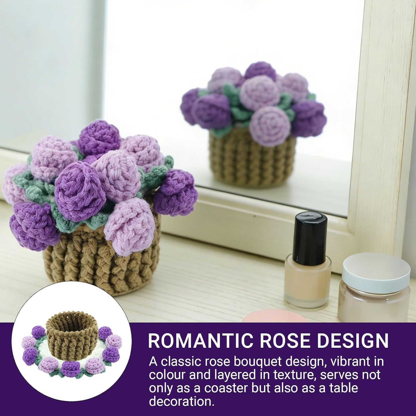 1 Set Handmade Crochet Flower Bouquet Coasters, Mini Knitted Roses Potted Decor for Tabletop, Crochet Flower Coaster Set for Home Birthday Gift for Mom Women