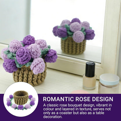 1 Set Handmade Crochet Flower Bouquet Coasters, Mini Knitted Roses Potted Decor for Tabletop, Crochet Flower Coaster Set for Home Birthday Gift for Mom Women
