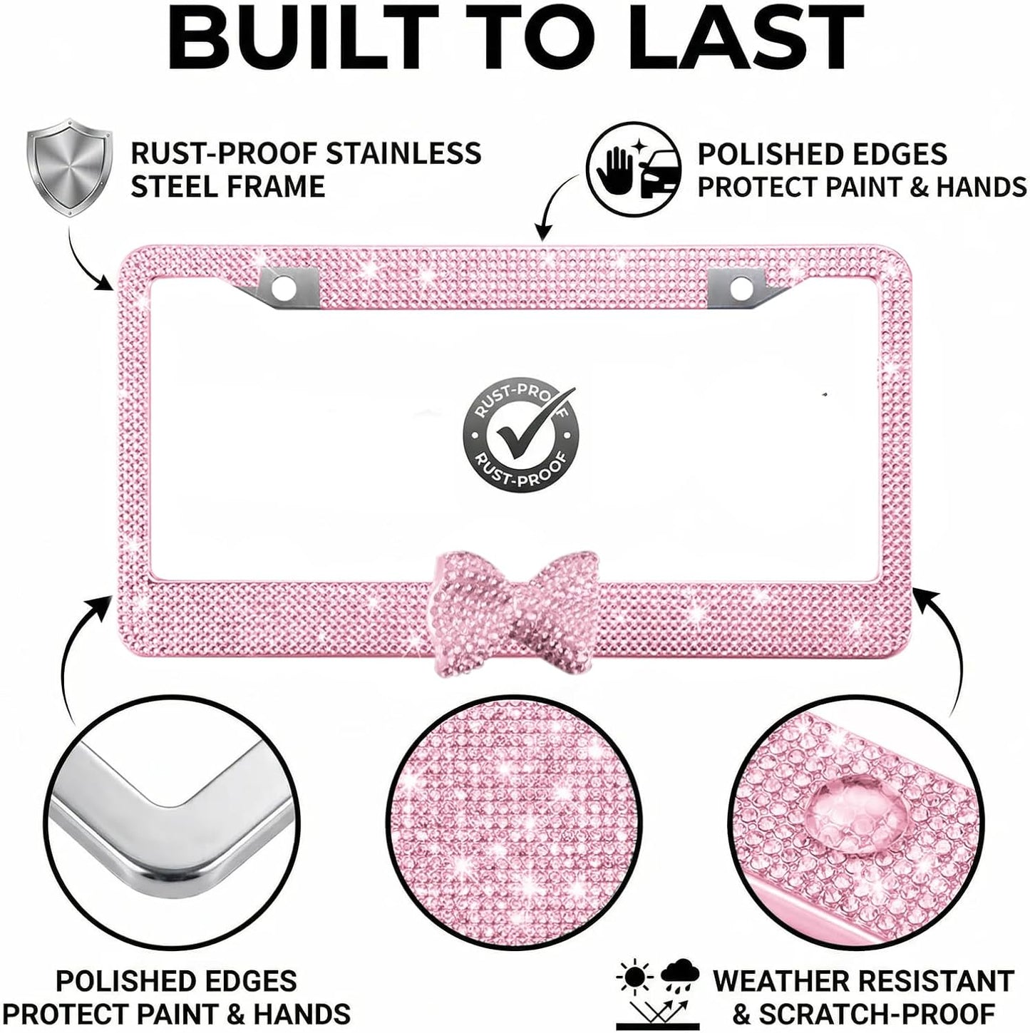 Rhinestone License Plate Frame, Pink Frame with Pink Bow, 1 Pack | Pink bow accent; sparkly rhinestones; mounting screw kit; silicone washers; standard US plates