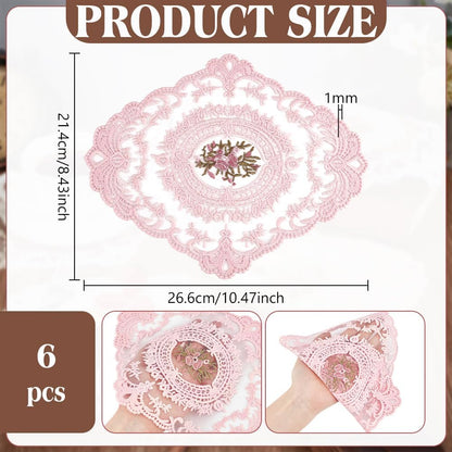 BENECREAT 6pcs 8.43 Inch Pink Retro Lace Placemats, 10.47 Inch Oval Embroidered Table Mats Lace Doily for Home Wedding Coasters Cup
