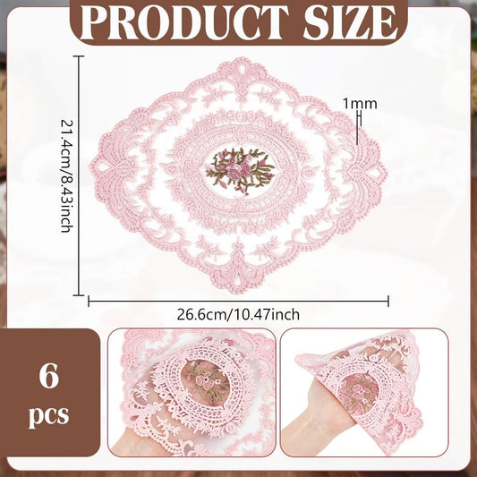 BENECREAT 6pcs 8.43 Inch Pink Retro Lace Placemats, 10.47 Inch Oval Embroidered Table Mats Lace Doily for Home Wedding Coasters Cup