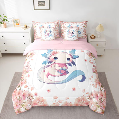 Erosebridal Blue Axolotl 7 Piece Bedding Set Twin Cartoon Salamander Animal Comforter Set with Sheets Peach Blossoms Bed in a Bag Pink Romantic Bed Sets Comforter