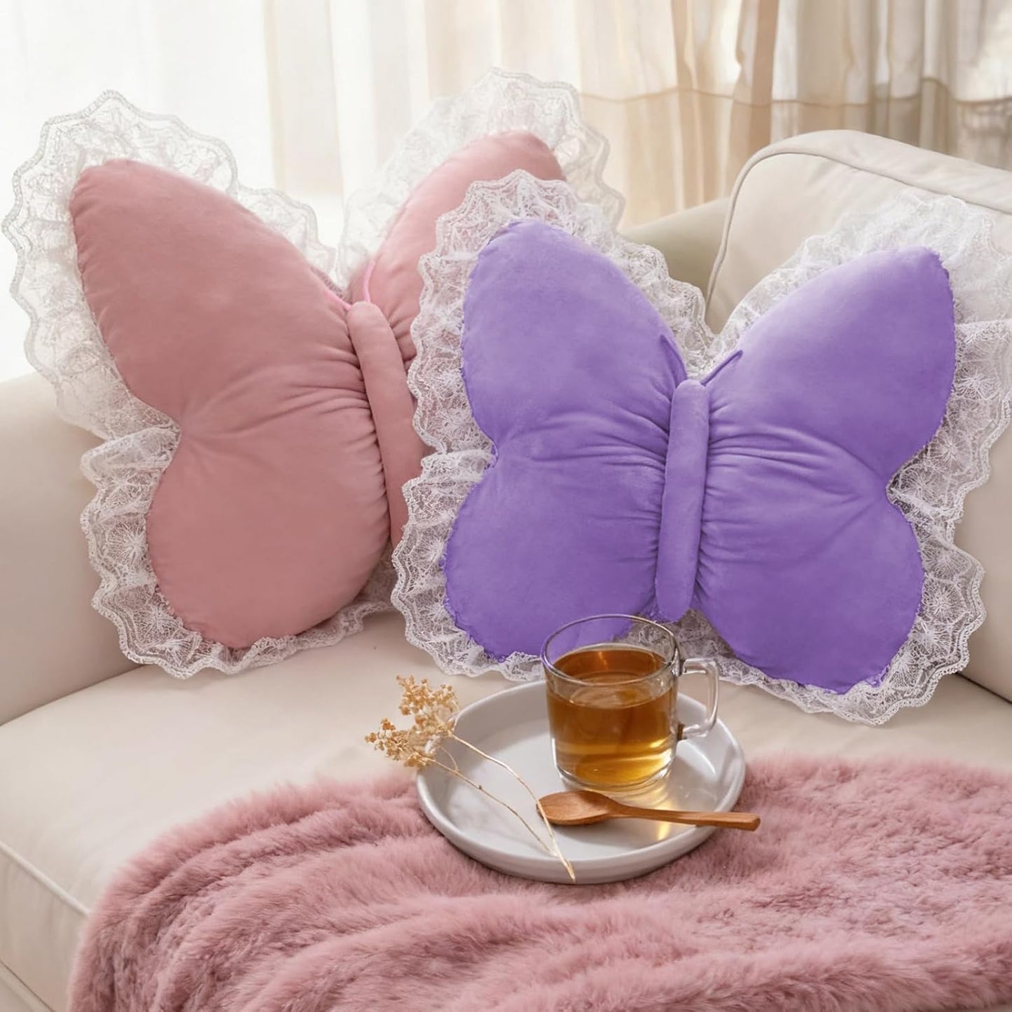 PEACH CAT Butterfly Pillow with Lace Trim Decorative Butterfly Shaped Throw Pillows 16" x 16" Soft Plush Cushion Decor for Bedroom Living Room Sofa Couch Pink