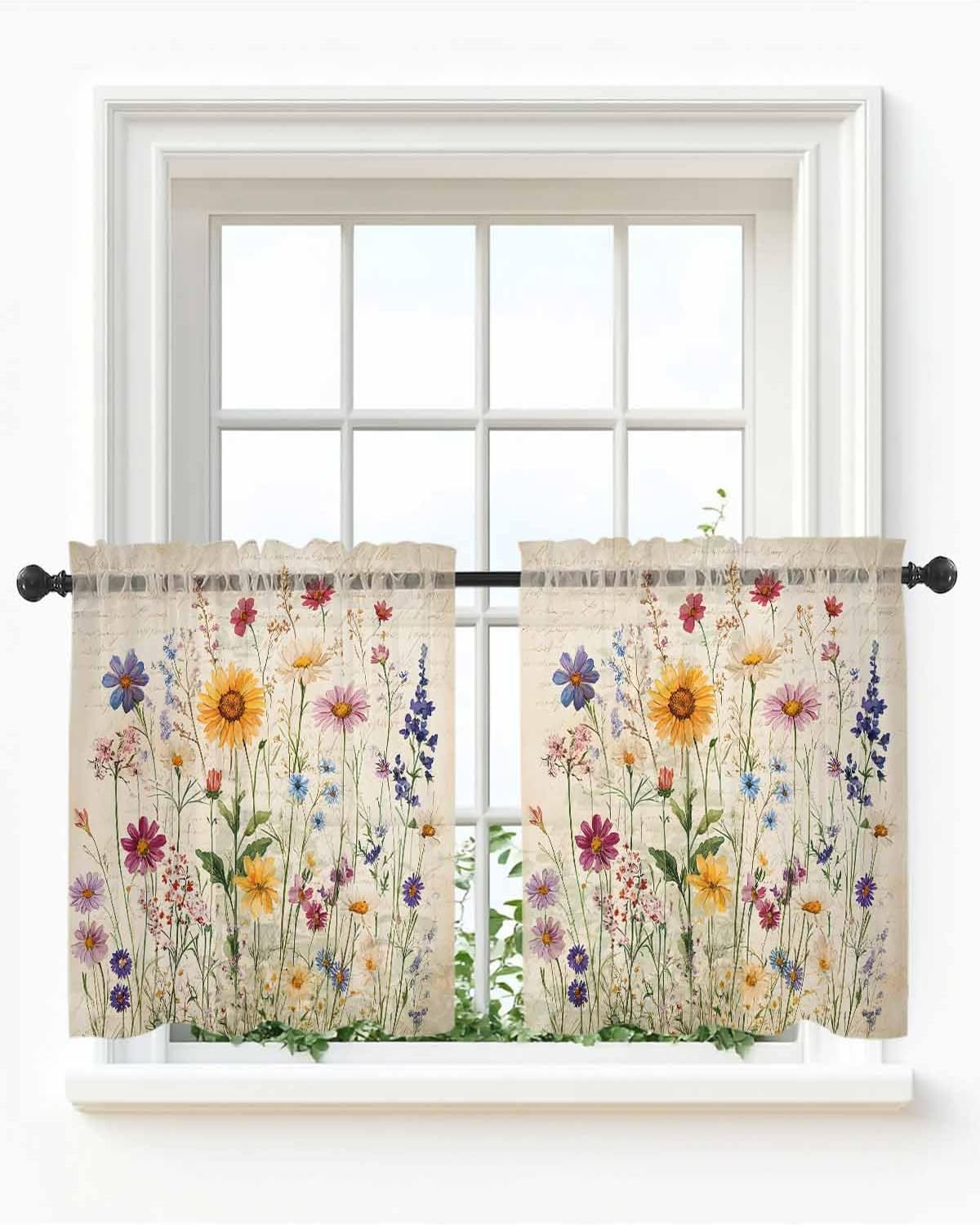 Botanical Floral Sheer Curtains for Bedroom Living Room Window Tier Curtain 24 Inch Length, Retro Purple Pink Yellow Wildflowers Rod Pocket Voile Drapes Kitchen Curtains Small Half Window 2 Panels