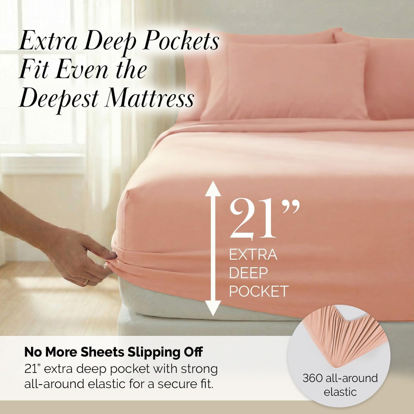 Southshore Fine Living, Inc. 6-Piece Bed Sheets Full Size Set, 21-Inch Full Size Bed Sheets, 1 Deep Pocket Fitted Sheet, 1 Flat Sheet, Queen Pillowcases, Blush Pink Pillow Cases, Blush Bedding