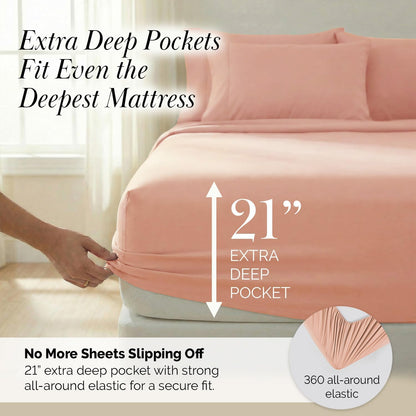 Southshore Fine Living, Inc. 6-Piece Bed Sheets Full Size Set, 21-Inch Full Size Bed Sheets, 1 Deep Pocket Fitted Sheet, 1 Flat Sheet, Queen Pillowcases, Blush Pink Pillow Cases, Blush Bedding