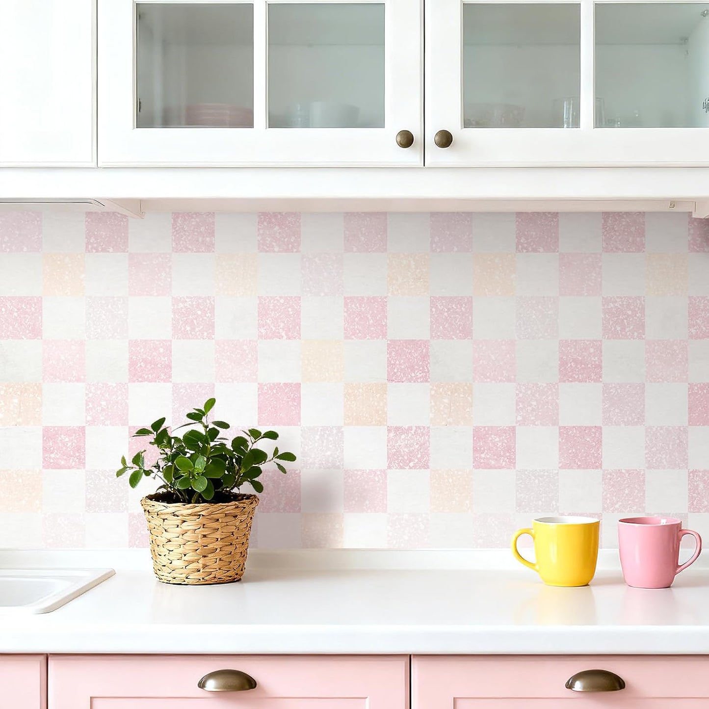 Pastel Checkered Wallpaper Peel and Stick Pink White Purple Yellow Retro Checkered Plaid Wallpaper Prepasted Rolls Geometric Checkerboard Contact Paper for Walls Bedroom Removable 17.5x80