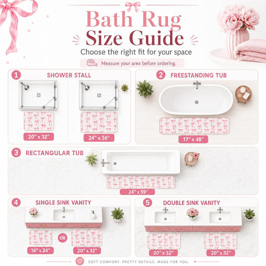 Memory Foam Bath Mat with Pink Bow Pattern, Comfortable, Soft, Non-Slip, Super Absorbent, Quick Drying Bath Rug for Bathroom,Floor, Tub & Shower, Machine Washable (32INX20IN, Bow)