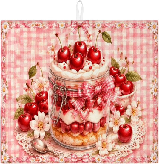 Cherries Blossom Dish Drying Mats for Kitchen Counter, Peach Gingham Floral Absorbent Dish Drainer Rack Mat, Spring Vintage Microfiber Drying Pad for Kitchen Counter Decor 16x18 Inch