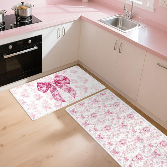 Pink Bow Kitchen Rug and Mat Set of 2, Cute Coquettte Non-Slip Kitchen Rugs, Pink Bow Sweet Decorations for Home Indoor Bathroom Living Room Sink Laundry Floor Decor 17x29 and 17x47 Inch