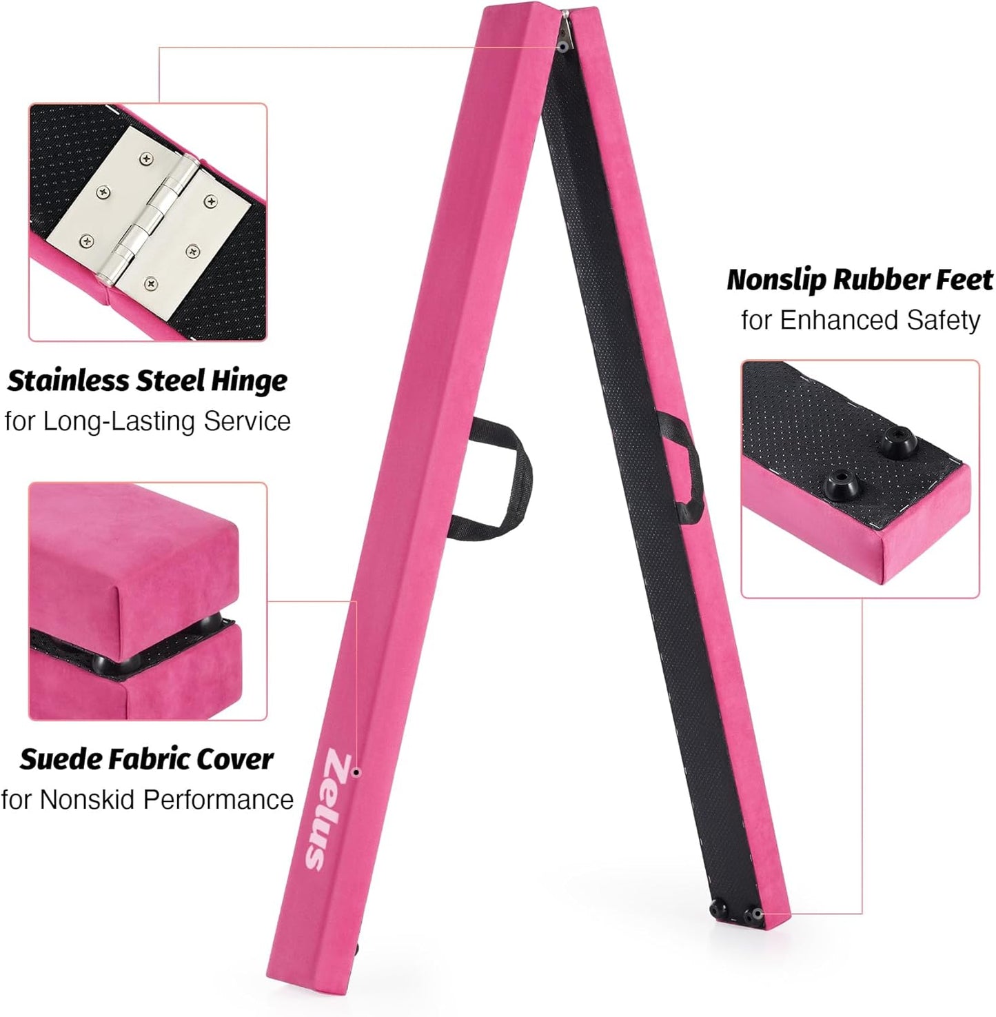 ZELUS 8' Folding Gymnastics Balance Beam, Floor Balance Beam w/Carry Handles Anti-Slip Base for Kids, Beginners & Professional Gymnasts