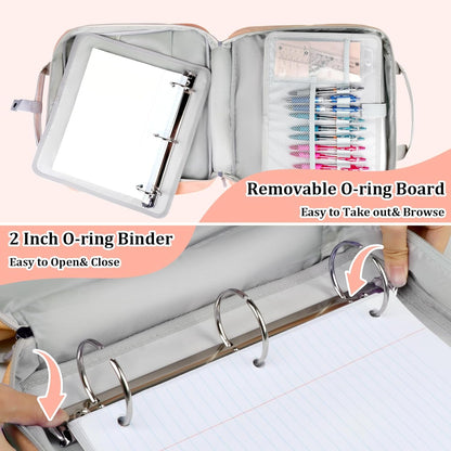 SIYNPAV 3 Ring Zipper Binder Bag 2 Inch with Shoulder Strap, Waterproof Nylon Binder with Zipper for 500 Sheet Capacity, Multi-Pocket Portfolio Organizer Case for 13 Inch Laptop Middle School (Peach)