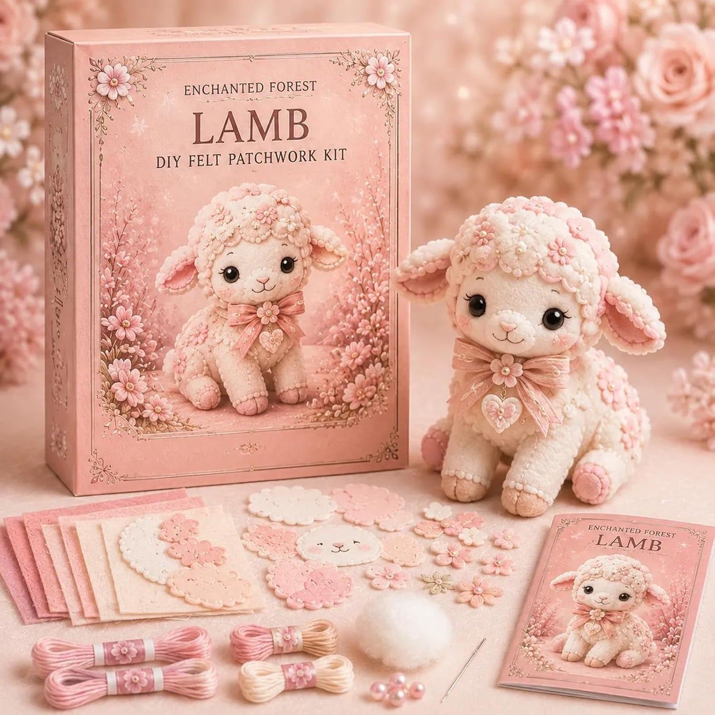 Pink Woodland Friends DIY Felt Patchwork Kit, Pastoral Wild Creatures Handicraft Activity, Manual Tailoring Bundle, Textile Hobby, DIY Fabric Animal, Unique Roseate Doll Ornament (Blush Deer)