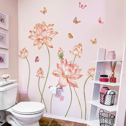 Gold Flower Wall Decals Blue Pink Floral Wall Sticker Creative Lotus Peel and Stick Removable Wall Art Decor for Living Room Bedroom Home Office (PinkLotus)